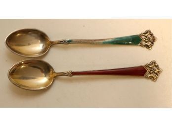 Vintage Pair Of Sterling Silver & Enamel Spoons Made In Norway 19 Grams (j4)