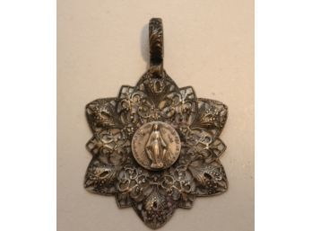 Vintage MARY MIRACULOUS MEDAL VIRGIN MARY Religious Ornate Filigree Pendant  (J-40)