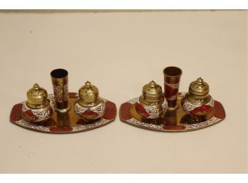 PAIR Of Brass Salt & Pepper Shakers Tray And Toothpick Holders