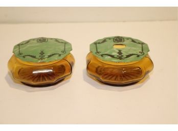 Vintage Vanity Set Amber Glass Hair Receiver Powder Jar W/ Green Celluloid Lids