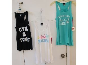 3 KATDID Bladies Tank Tops NEW WITH TAGS Size L Beach Hair Don't Care, Hola Beaches, Gym & Tonic