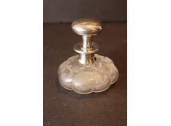 Vintage Silver Top Etched Glass Vanity Bottle Perfume Decanter