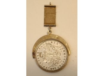 1890 O Morgan Silver Dollar Coin Gold Plated Mesh Holder Fob Swivels