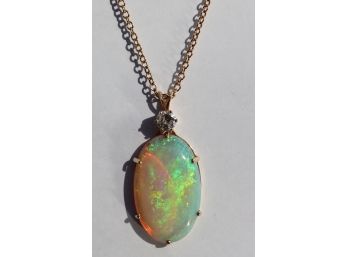 Vintage Opal And Moissanite Diamond Pendant On 14k Gold Chain
