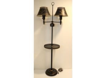 Vintage Black And Gold Metal Floor Lamp Table With Milk Glass And Metal Shades