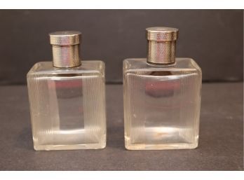 Vintage Pair Of Silver Top Glass Vanity Bottles Perfume Decanters