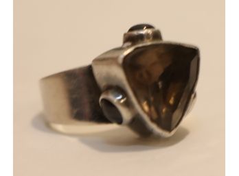 Vintage Modernist Sterling Silver Ring With Smokey Quarts & Amethyst Stones