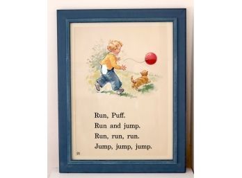Vintage Dick & Jane Framed Children's Book Pages 'Run, Puff.   Run & Jump. Run, Run, Run. Jump, Jump, Jump.'