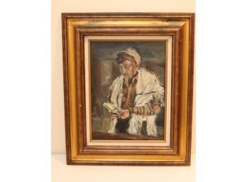 Framed Painting Jewish Man Praying Tallit & Tefillin Signed Aya Ben Dat