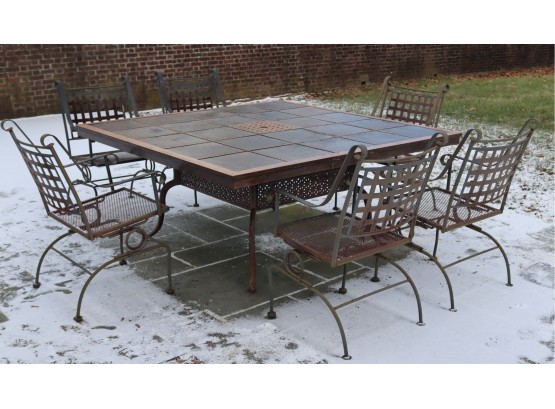 Square Cast Iron & Slate Top Patio Table With 6 Chairs