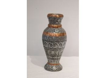 Copper & Silver Metal Over Wood Vase