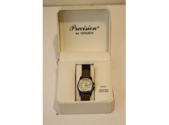 NOS Precision By Gruen Ladies Wristwatch  DATE Leather Watch Band New In Box. (MO-2)