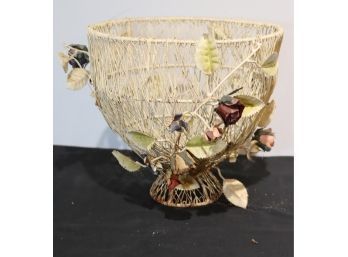 Vintage Metal Basket With Flowers Bathroom Floral Garbage Can