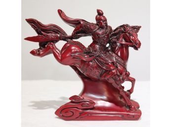 Carved Red Stone Chinese Figurine Warrior On Horseback