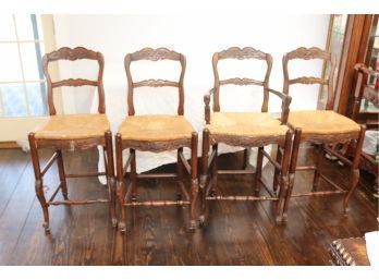 4 Wooden With Rattan Seats Counter Bar Stools