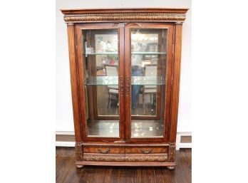 Carved Wooden Lighted Glass Door China Display Cabinet Mirrored Back