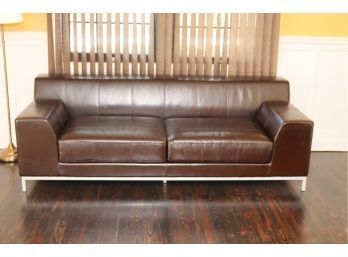 Modern Brown Leather Loveseat Couch With Brushed Chrome Metal Base