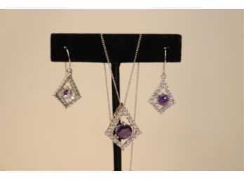 Sterling Silver Necklace And Earring Set Amethyst Gem Stone (JWH-29)