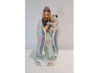 Ceramic Chinese Man Holding Baby Statue
