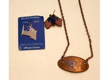 Vintage 1776- 1976 Bicentennial Cloisonne Charm Copper Penny Necklace And Flag Pin  (MO-8)
