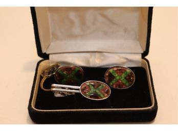 Vintage Chinese Cloisonne Cufflink And Tie Clip Set  (MO-22)