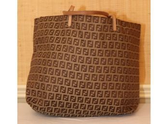 FENDI Zucchino Zucca Pattern Tote Bag Khaki Brown Canvas Leather  FF