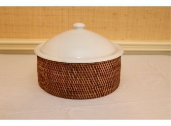 Crate & Barrel Casserole Dish With Woven Rattan Basket