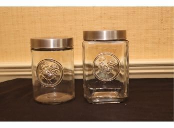 Pair Of Rooster Glass Storage Canisters