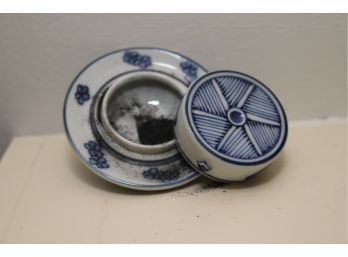 Vintage Blue And White Porcelain Trinket Covered Dish  Box