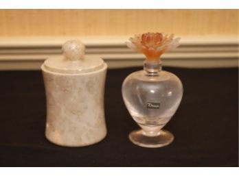 Dau France Crystal Perfume Bottle And  Marble Covered Jar