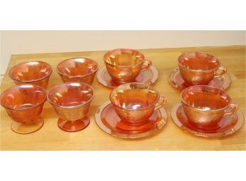 Set Of 4 Vintage Carnival Glass Cups & Saucers & Footed Bowls