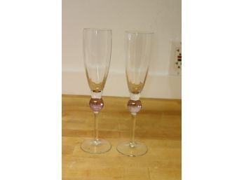 Pair Of Purple Orb Champagne Flutes Glasses