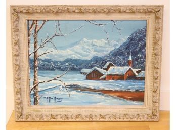Framed Snowy Mountain Scenic Painting Red Barn Signed D.F.'Mac'Murray