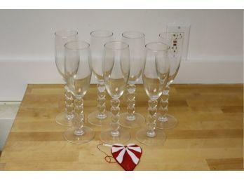 7 Heard Stem Champagne Flutes With Red/ White Heart Ornament