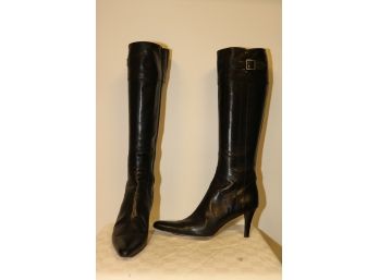 Brooks Brothers Black Leather Knee High Heel Pointy Toe W/ Side Buckle Size 8