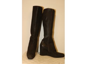 Prada Brown Leather Knee High Wedge Heel Boots SIZE