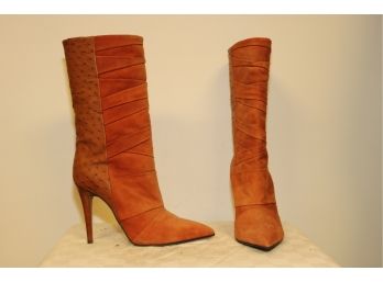 NARCISO RODRIGEZ ORANGE OSTRICH AND SUEDE HIGH HEEL BOOTS SZ. 36 1/2 $2200 When NEW!