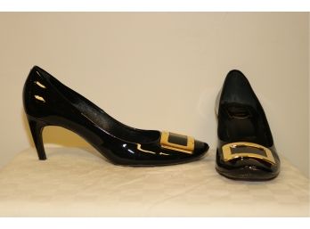Roger Vivier Black Patent Leather High Heel Pumps W/ Gold Buckle Sz. 41