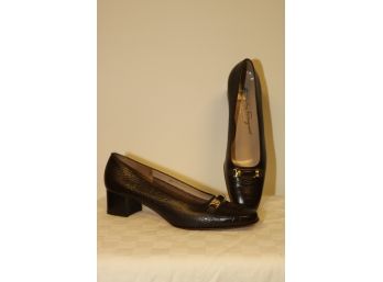 Salvatore Ferragamo Brown Leather Faux 'Crocodile' Loafer Chunky Heels With Buckle Size 9 1/2