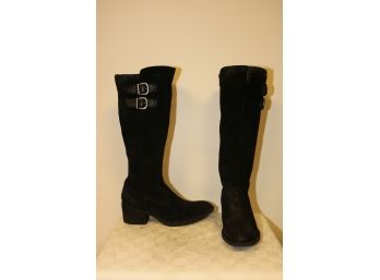 BORN Black Suede Knee High Double Buckle Side Zip Boots Size 6.5