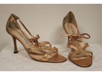 Manolo Blahnik Rose Gold Leather Strappy High Heels  Size 38