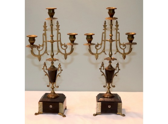 Antique Pair Of 3 Candle Candelabra Candlesticks Brass Black Marble Base