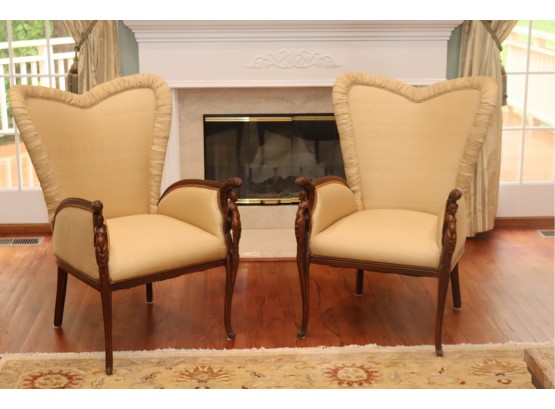 Vintage Pair Of Upholstered Butterfly Back Arm Chairs With Carved Nude Woman Wooden Legs