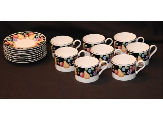 Set Of 8 Vintage Sango Fanciful Fruit 3968 Coffee Mugs And Saucers Tea Cup