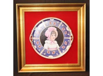 Vintage Ceramic Platter Girl Pink Bonnet Framed Wall Decor