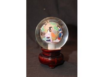 Japanese Art Glass Sphere On Wood Stand