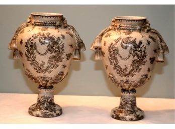 2 Chinese Porcelain Black & White Tassel Urn Vase United Wilson UW 1897