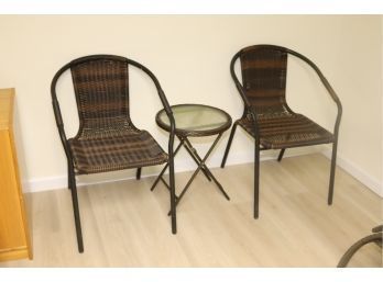 2 Stacking Patio Chairs And Glass Top Side Table