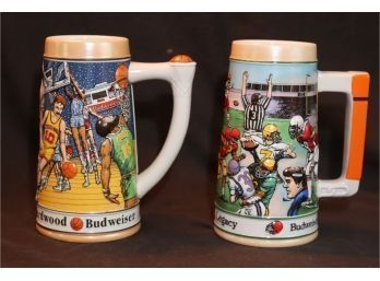 Pair Of Budweiser Basketball & Football Beer Stein Mug Vintage 1990 Sports Series