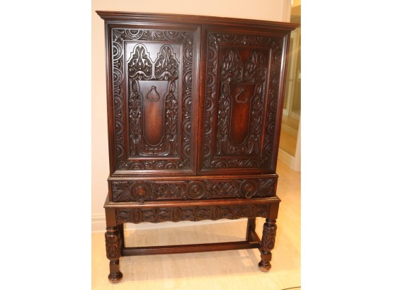 Antique Carved Mahogany Storage Cabinet 1 Drawer & Shelves